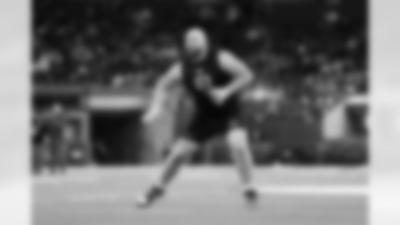 Northwestern offensive lineman Evan Beerntsen (03) participates in a drillduring the 2026 NFL Scouting Combine on Sunday, March 1, 2026 in Indianapolis, Indiana. (Cooper Neill/NFL)