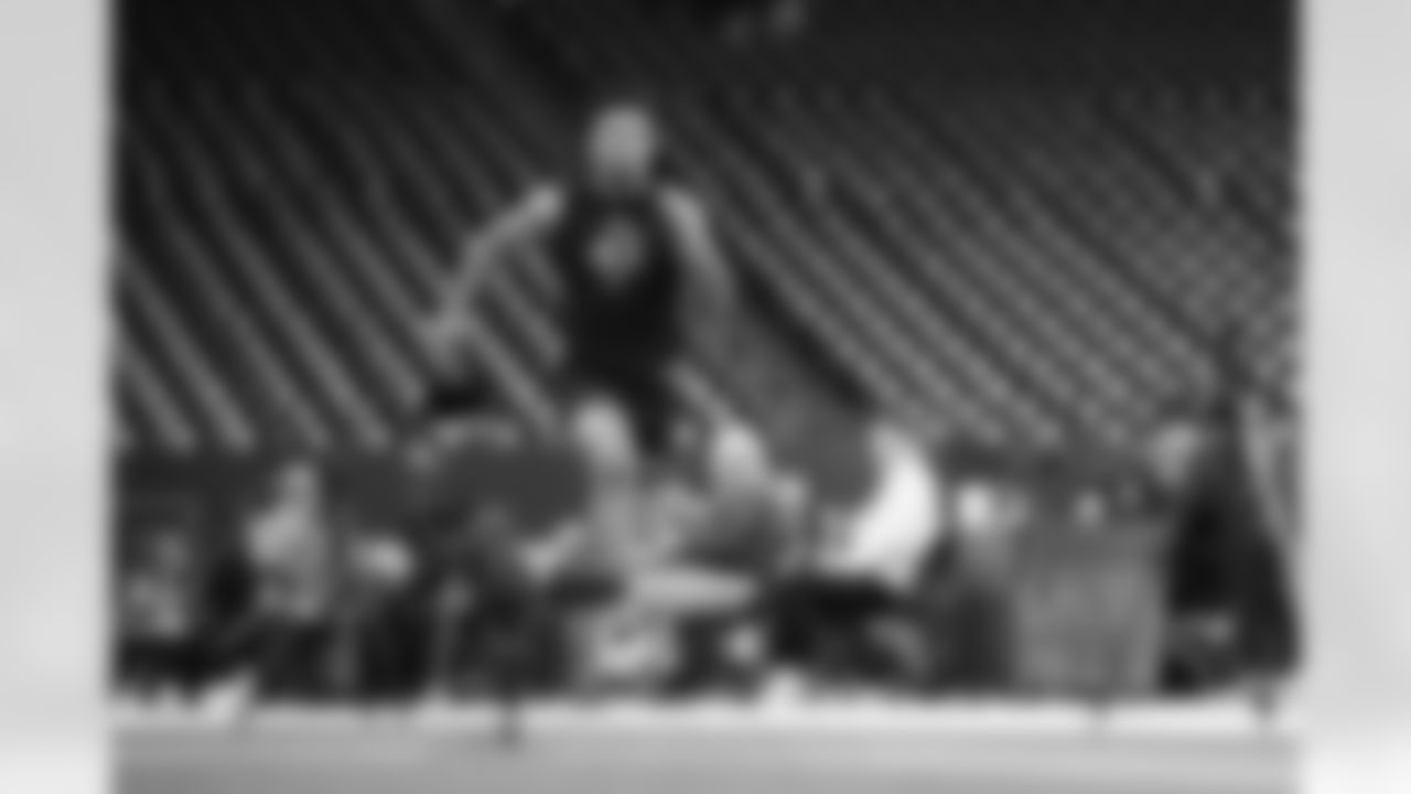 Iowa defensive back Xavier Nwankpa (43) runs the 40-yard dash during the 2026 NFL Scouting Combine on Friday, February 27, 2026 in Indianapolis, Indiana. (Cooper Neill/NFL)