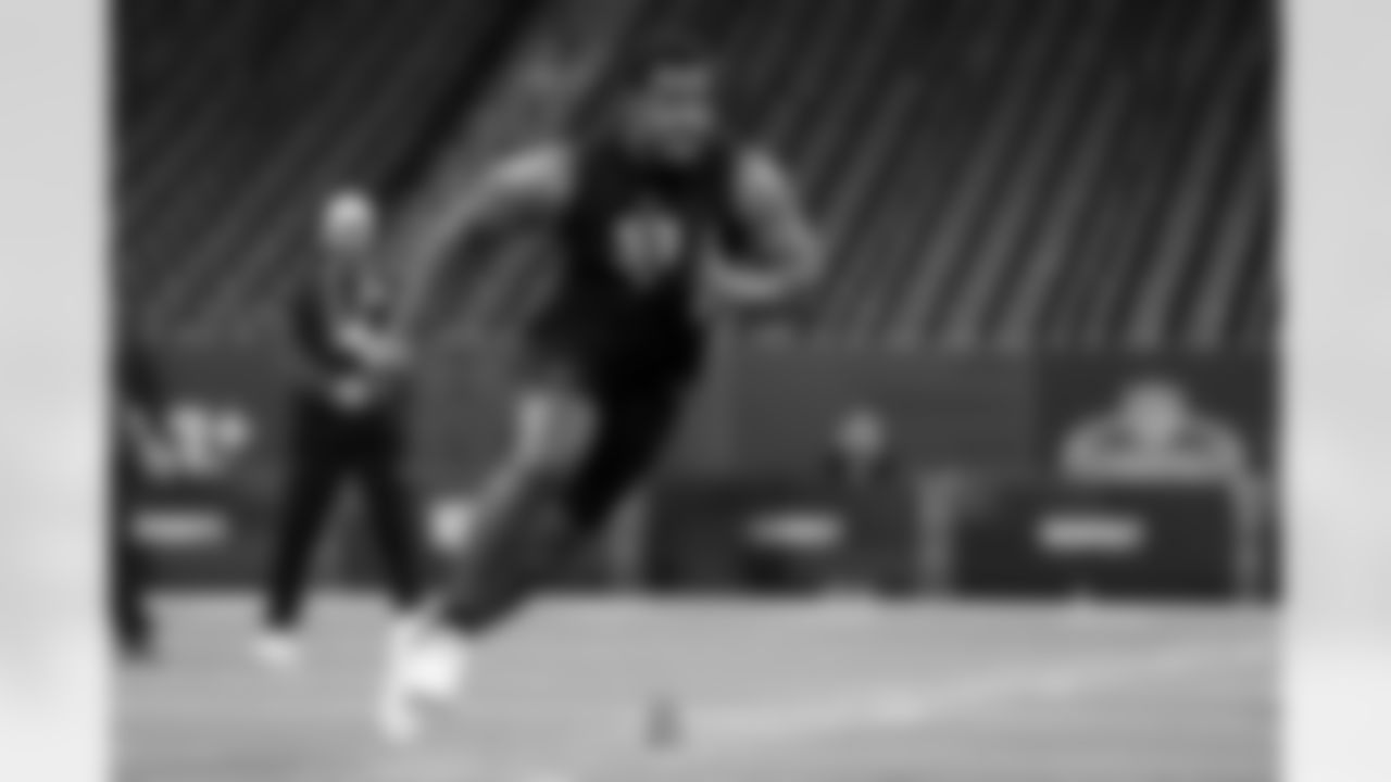 Notre Dame offensive lineman Aamil Wagner (53) participates in a drill during the 2026 NFL Scouting Combine on Sunday, March 1, 2026 in Indianapolis, Indiana. (Lauren Leigh Bacho/NFL)