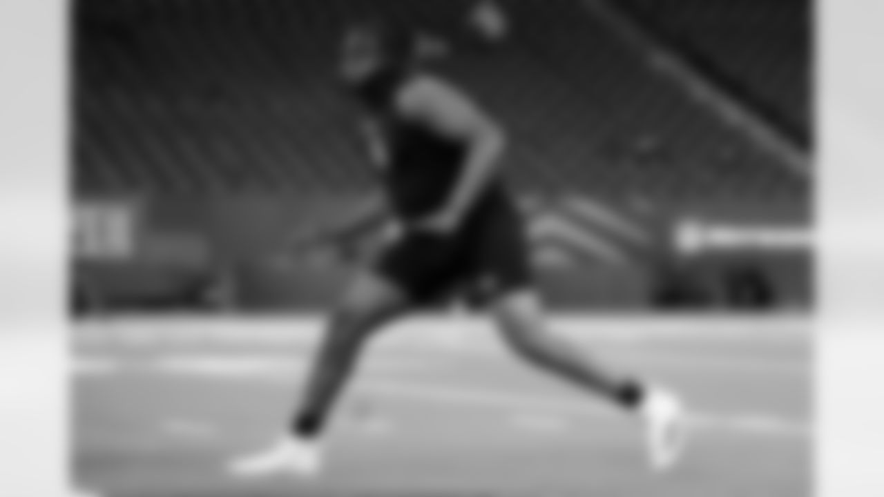 Texas A&M offensive lineman Dametrious Crownover (16) participates in a drill during the 2026 NFL Scouting Combine on Sunday, March 1, 2026 in Indianapolis, Indiana. (Lauren Leigh Bacho/NFL)