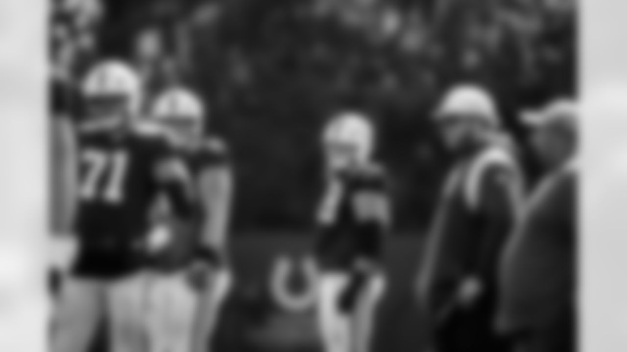 G Matt Goncalves #71, T Braden Smith #72, G Dalton Tucker #68, Chris Watt Assistant Offensive Line and Tony Sparano Jr. Offensive Line