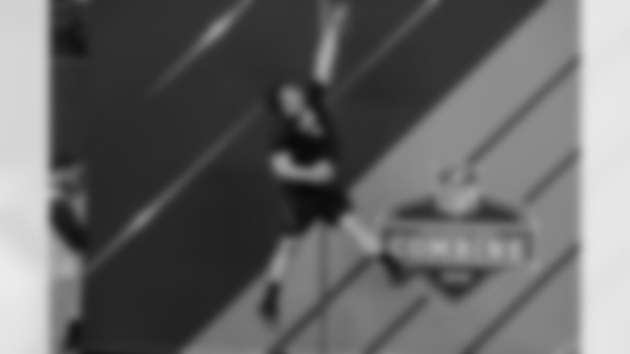 Notre Dame offensive lineman Quenton Nelson runs a drill at the NFL football scouting combine in Indianapolis, Friday, March 2, 2018. (AP Photo/Michael Conroy)