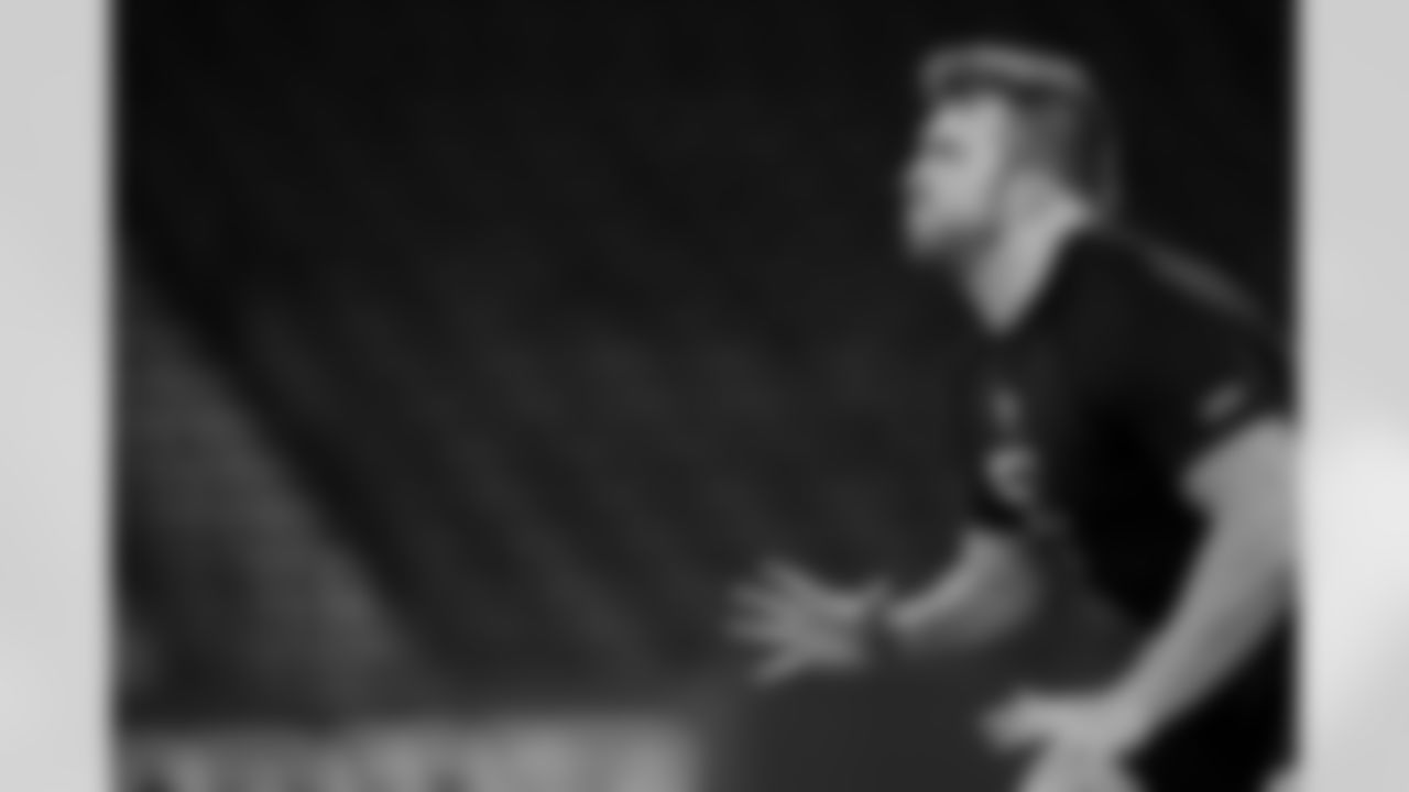 Texas A&M offensive lineman Trey Zuhn III (57) participates in a drill during the 2026 NFL Scouting Combine on Sunday, March 1, 2026 in Indianapolis, Indiana. (Cooper Neill/NFL)