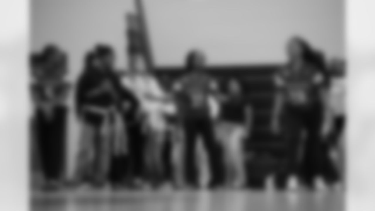 Students participate in a drill during a GENYOUth clinic on Tuesday, Feb. 24, 2026, at Fall Creek Valley Middle School in Indianapolis. (Jerod Ringwald/AP Content Services for the NFL)