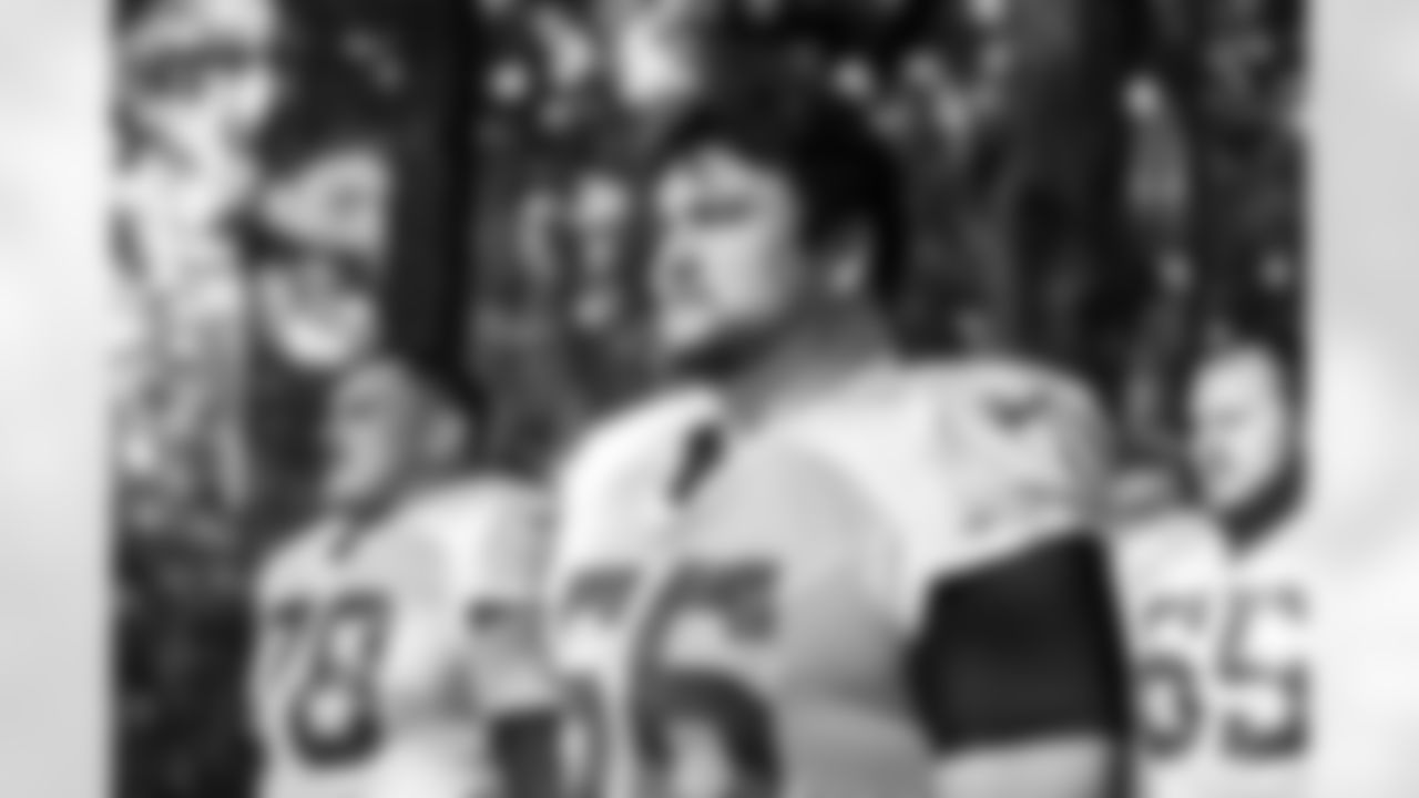 C Ryan Kelly #78, G Quenton Nelson #56 and G Josh Sills #65