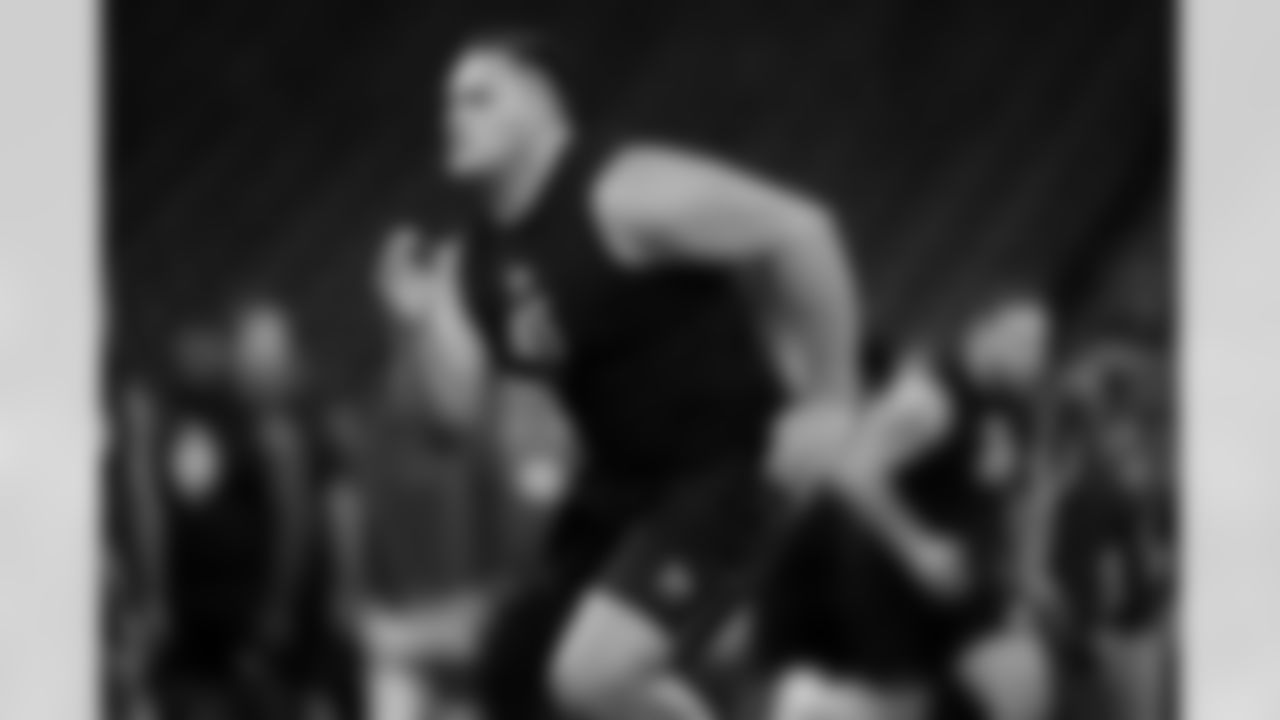 Notre Dame offensive lineman Billy Schrauth (45) participates in a drill during the 2026 NFL Scouting Combine on Sunday, March 1, 2026 in Indianapolis, Indiana. (Cooper Neill/NFL)