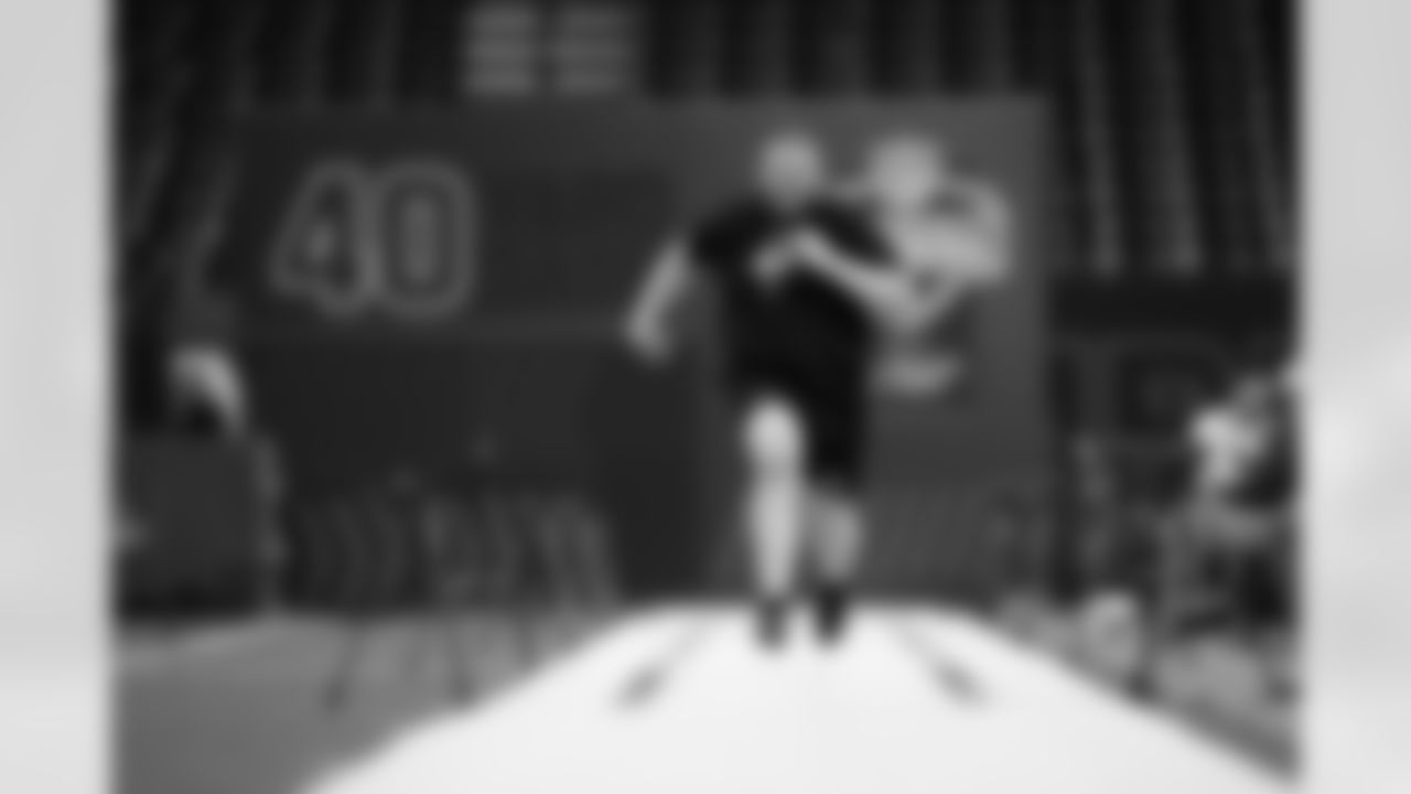 Georgia Tech offensive lineman Keylan Rutledge (44) runs the 40-yard dash during the 2026 NFL Scouting Combine on Sunday, March 1, 2026 in Indianapolis, Indiana. (Cooper Neill/NFL)