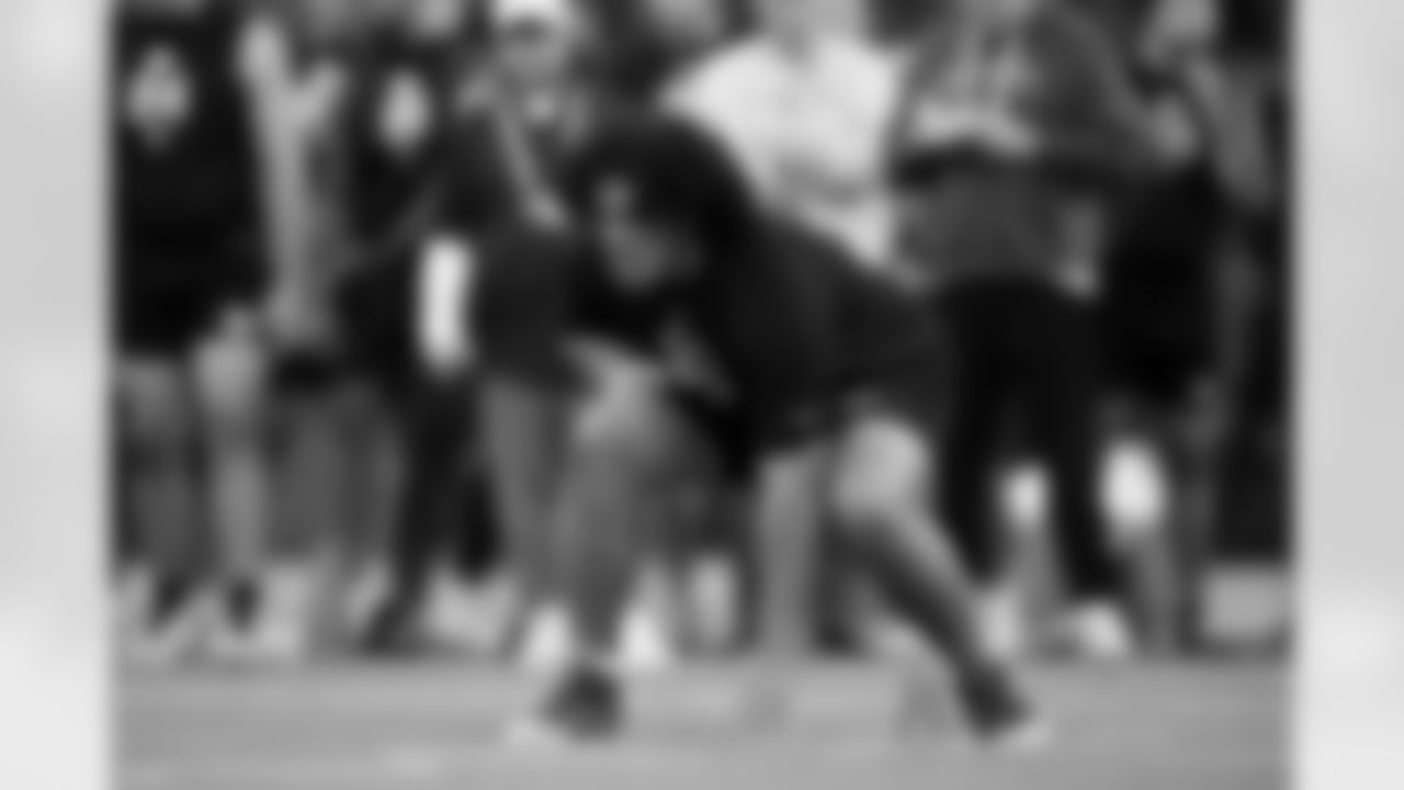 Utah offensive lineman Spencer Fano (22) participates in a drill during the 2026 NFL Scouting Combine on Sunday, March 1, 2026 in Indianapolis, Indiana. (Cooper Neill/NFL)