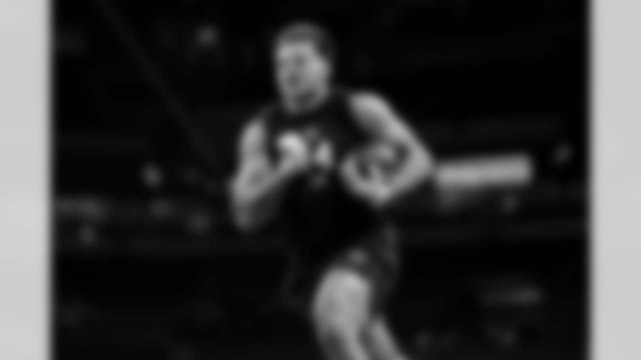 BYU linebacker Jack Kelly (14) participates in a drill during the 2026 NFL Scouting Combine on Thursday, February 26, 2026 in Indianapolis, Indiana. (Cooper Neill/NFL)