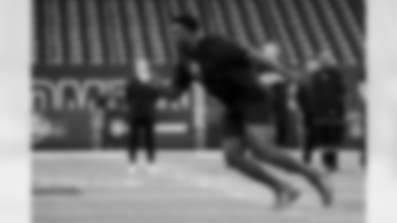 Maryland offensive lineman Alan Herron (28) participates in a drill during the 2026 NFL Scouting Combine on Sunday, March 1, 2026 in Indianapolis, Indiana. (Lauren Leigh Bacho/NFL)