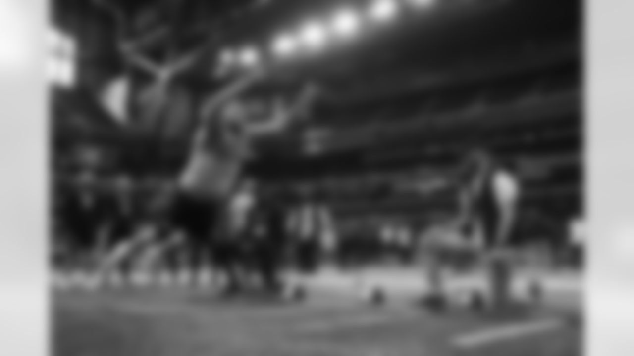 South Dakota State offensive lineman Mason McCormick participates in the broad jump during the 2024 NFL Scouting Combine on Sunday, March 3, 2024 in Indianapolis, Indiana. (Kara Durrette/NFL)