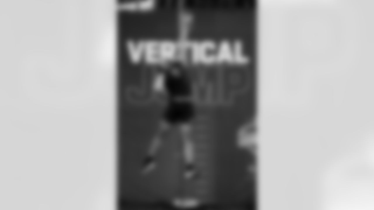 Kansas offensive lineman Enrique Cruz Jr. (17) participates in the vertical jump during the 2026 NFL Scouting Combine on Sunday, March 1, 2026 in Indianapolis, Indiana. (Lauren Leigh Bacho/NFL)