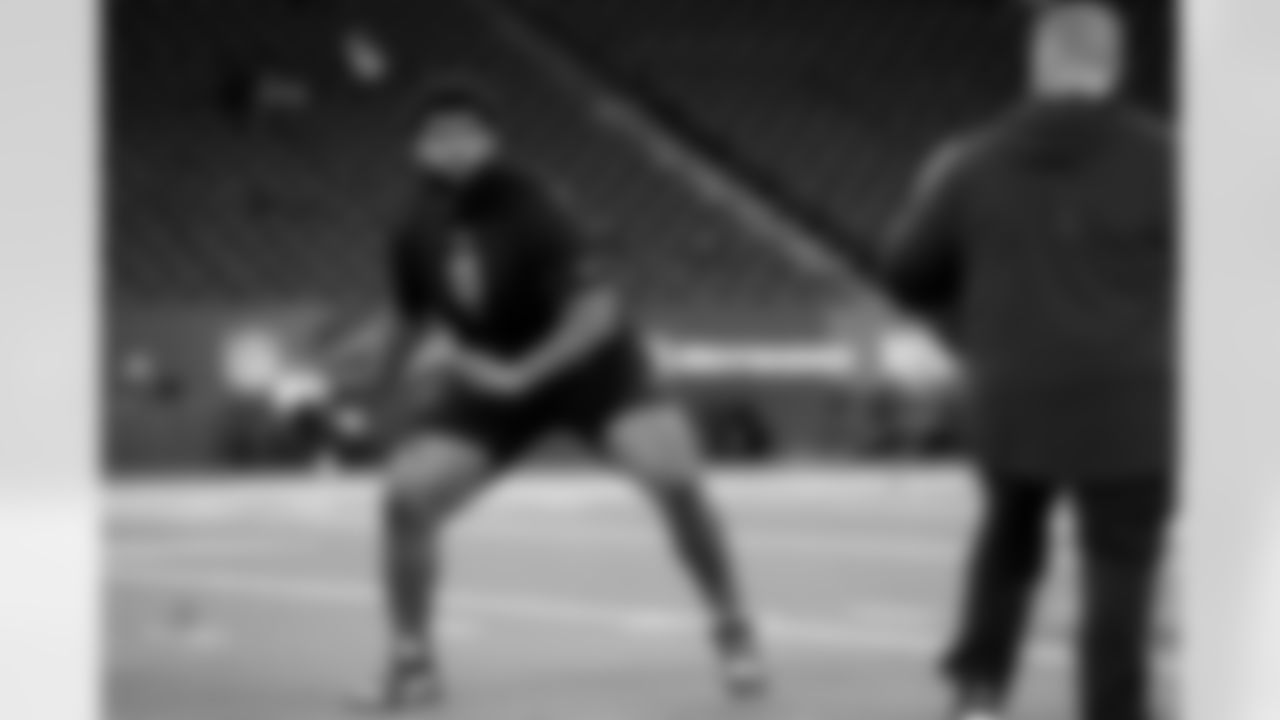 Miami offensive lineman Anez Cooper (15) participates in a drill during the 2026 NFL Scouting Combine on Sunday, March 1, 2026 in Indianapolis, Indiana. (Lauren Leigh Bacho/NFL)
