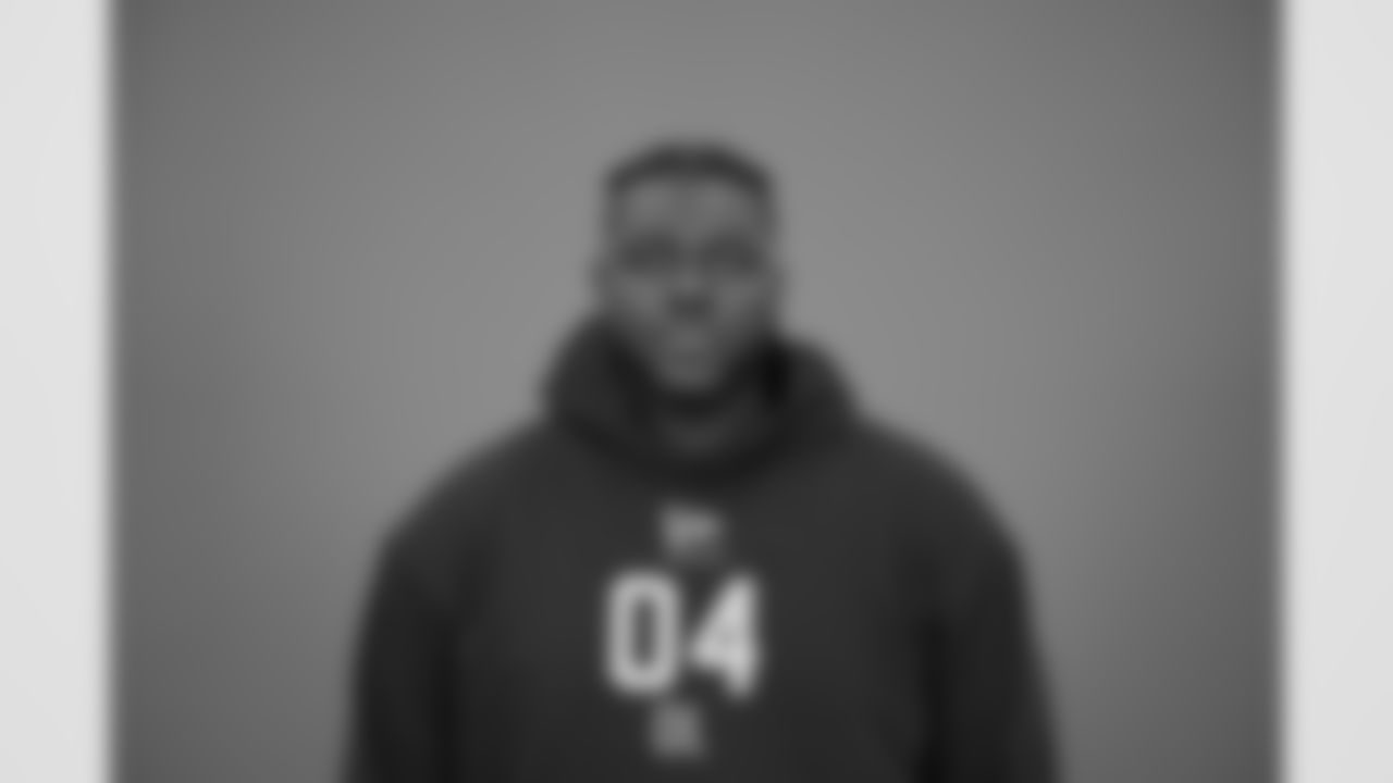 Miami offensive lineman Markel Bell (04) poses for a portrait at the NFL football scouting combine in Indianapolis, Thursday, Feb. 26, 2026 (AJ Mast/AP Content Services for the NFL)