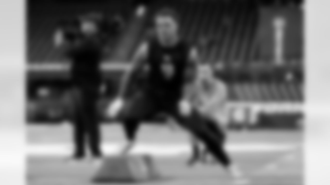 TCU linebacker Namdi Obiazor (18) participates in a drill during the 2026 NFL Scouting Combine on Thursday, February 26, 2026 in Indianapolis, Indiana. (Lauren Leigh Bacho/NFL)