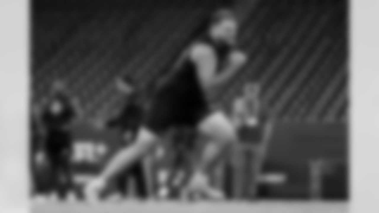 Boston College offensive lineman Logan Taylor (49) participates in a drill during the 2026 NFL Scouting Combine on Sunday, March 1, 2026 in Indianapolis, Indiana. (Lauren Leigh Bacho/NFL)