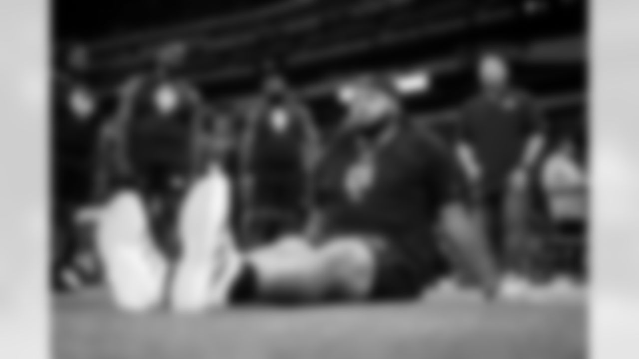 Arkansas defensive lineman Cameron Ball (01) stretches during the 2026 NFL Scouting Combine on Thursday, February 26, 2026 in Indianapolis, Indiana. (Cooper Neill/NFL)