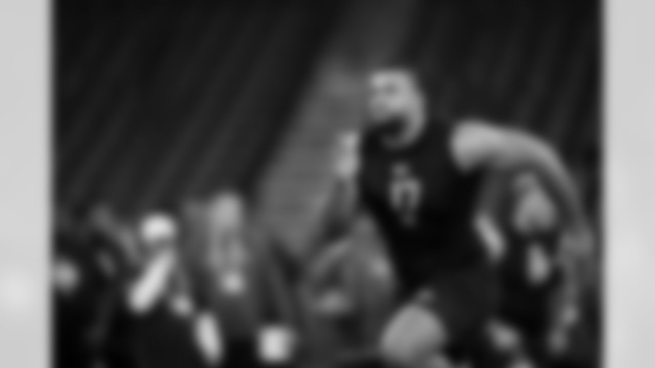 Kansas offensive lineman Enrique Cruz Jr. (17) participates in a drill during the 2026 NFL Scouting Combine on Sunday, March 1, 2026 in Indianapolis, Indiana. (Cooper Neill/NFL)