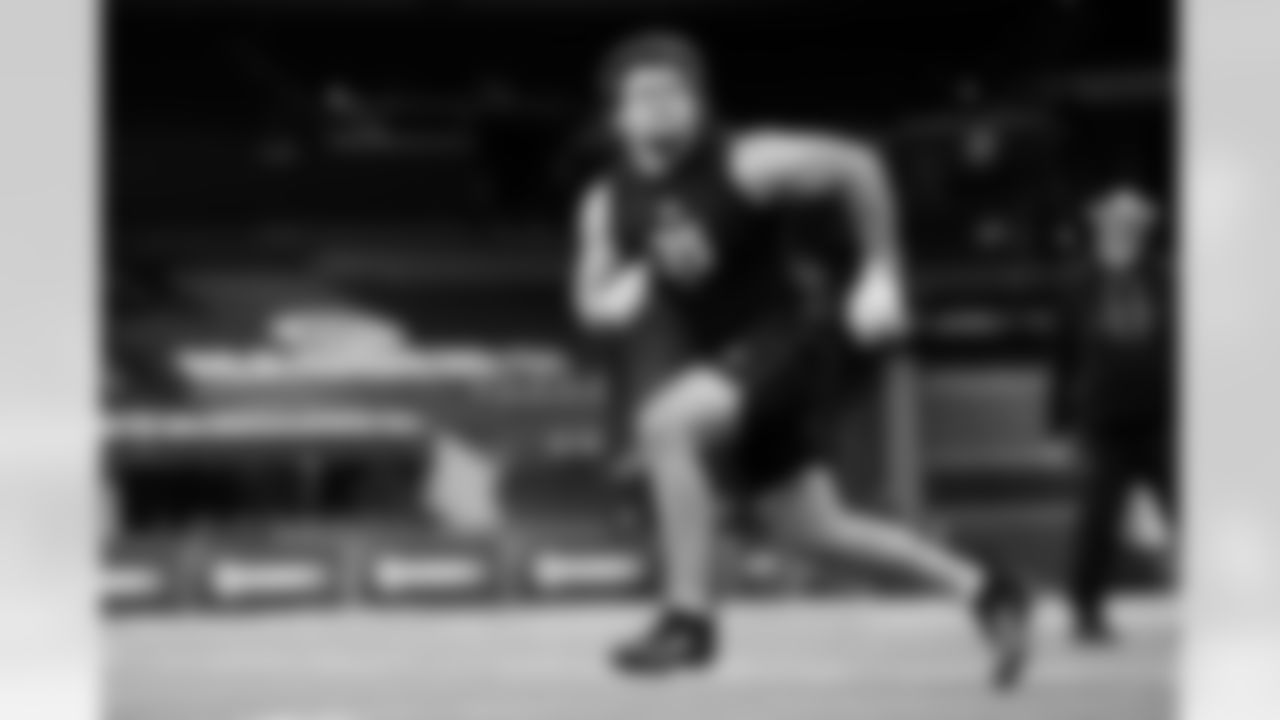 Ohio State defensive lineman Caden Curry (35) participates in a drill during the 2026 NFL Scouting Combine on Thursday, February 26, 2026 in Indianapolis, Indiana. (Lauren Leigh Bacho/NFL)