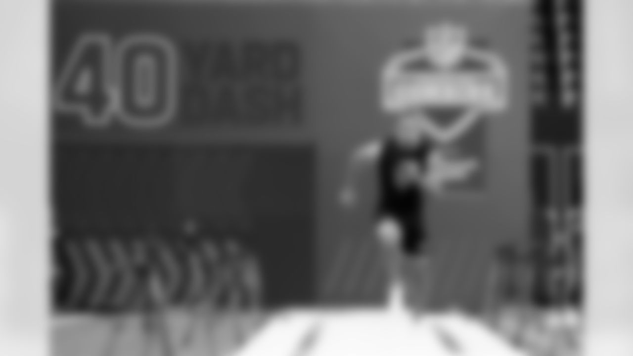 Arizona defensive back Dalton Johnson (38) runs the 40-yard dash during the 2026 NFL Scouting Combine on Friday, February 27, 2026 in Indianapolis, Indiana. (Lauren Leigh Bacho/NFL)