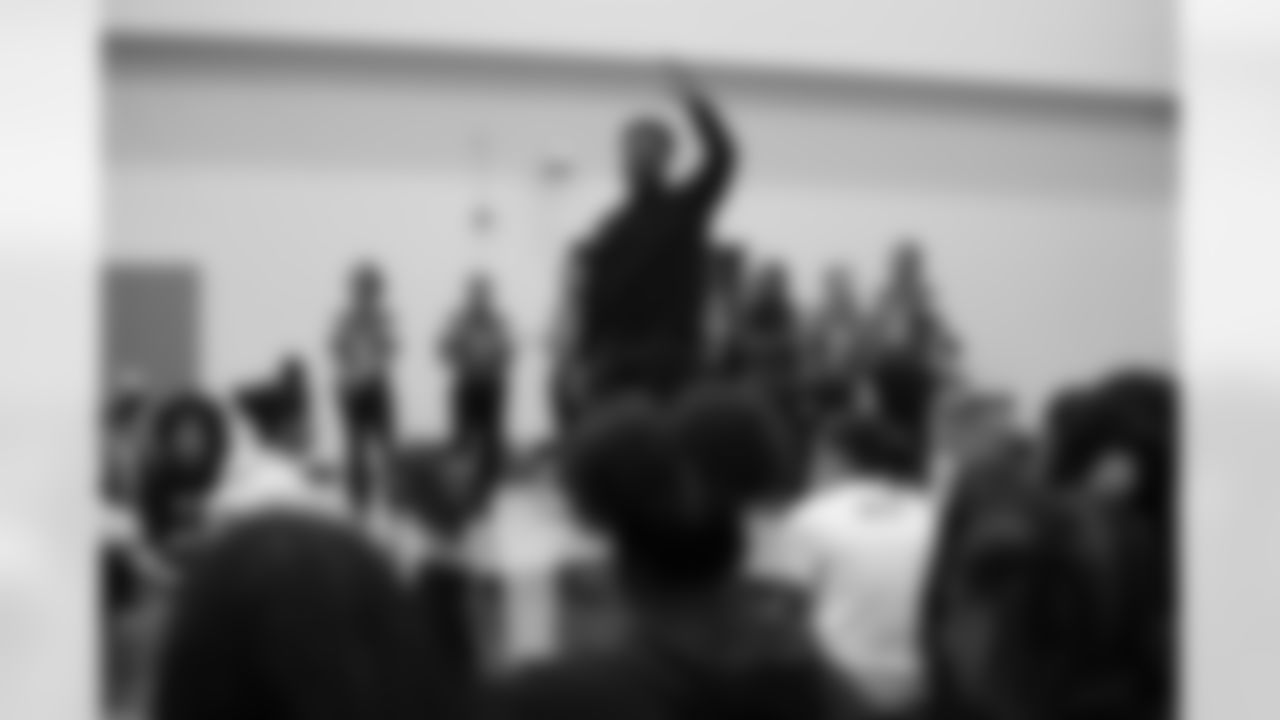 Colts linebacker Zaire Franklin speaks during a GENYOUth clinic on Tuesday, Feb. 24, 2026, at Fall Creek Valley Middle School in Indianapolis. (Jerod Ringwald/AP Content Services for the NFL)