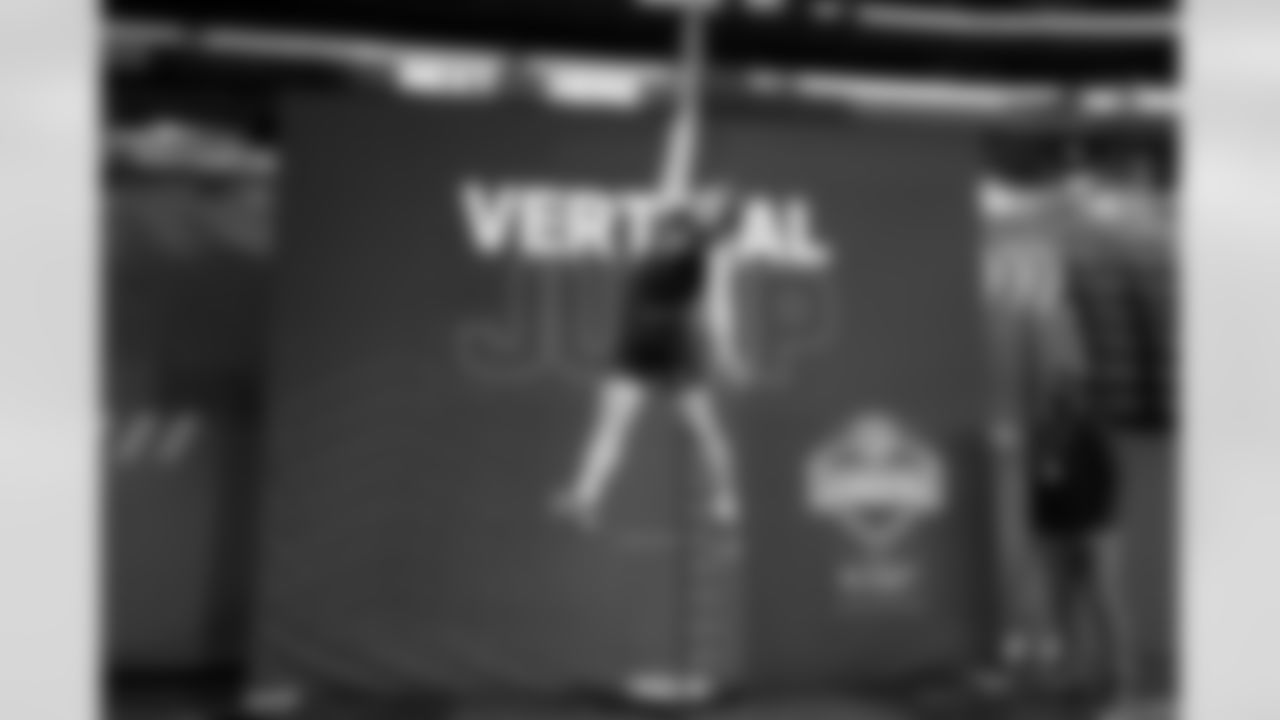 Oregon defensive back Dillon Thieneman (52) participates in the vertical jump during the 2026 NFL Scouting Combine on Friday, February 27, 2026 in Indianapolis, Indiana. (Lauren Leigh Bacho/NFL)