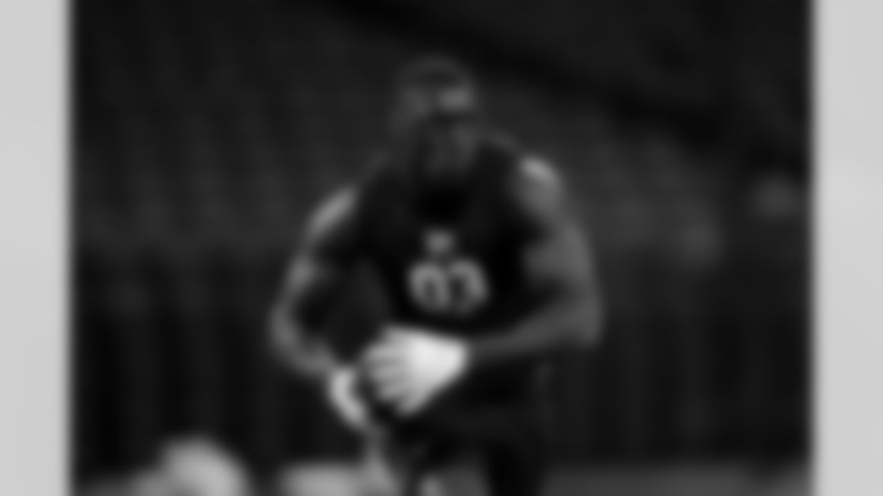 Miami linebacker Wesley Bissainthe (03) during the 2026 NFL Scouting Combine on Thursday, February 26, 2026 in Indianapolis, Indiana. (Cooper Neill/NFL)