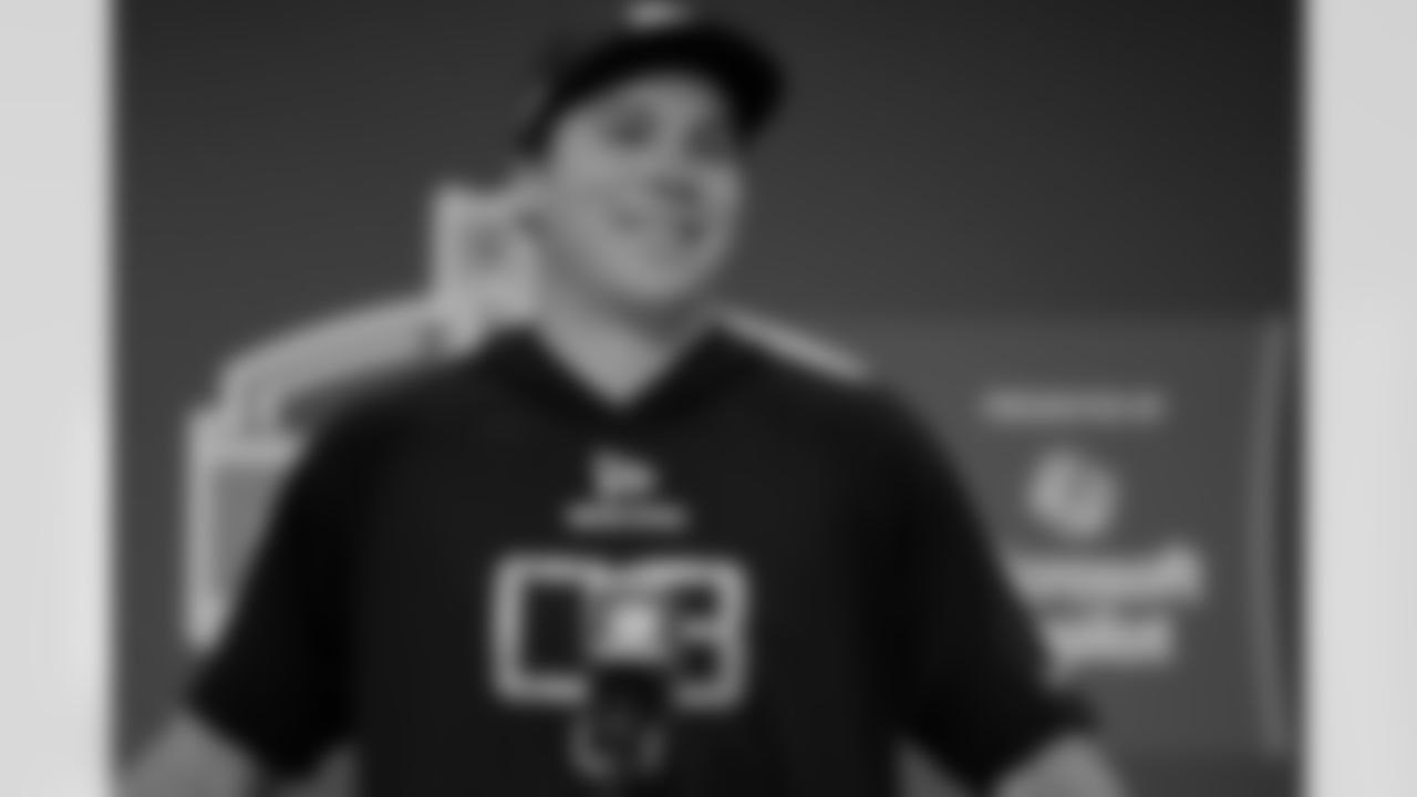 Notre Dame quarterback Riley Leonard speaks during a press conference at the NFL football scouting combine Friday, Feb. 28, 2025, in Indianapolis. (AP Photo/George Walker IV)