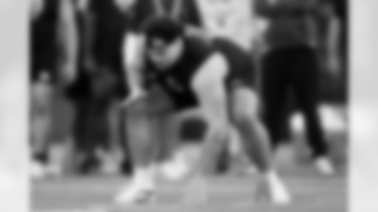 Arkansas offensive lineman Fernando Carmona (12) participates in a drill during the 2026 NFL Scouting Combine on Sunday, March 1, 2026 in Indianapolis, Indiana. (Cooper Neill/NFL)