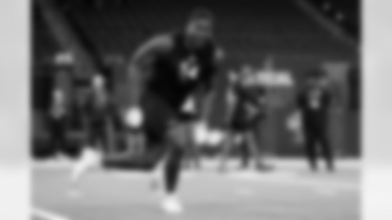 Alabama defensive lineman LT Overton (54) participates in a drill during the 2026 NFL Scouting Combine on Thursday, February 26, 2026 in Indianapolis, Indiana. (Lauren Leigh Bacho/NFL)