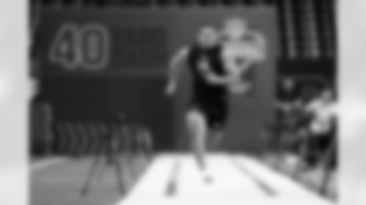 BYU linebacker Jack Kelly (14) runs the 40-yard dash during the 2026 NFL Scouting Combine on Thursday, February 26, 2026 in Indianapolis, Indiana. (Lauren Leigh Bacho/NFL)