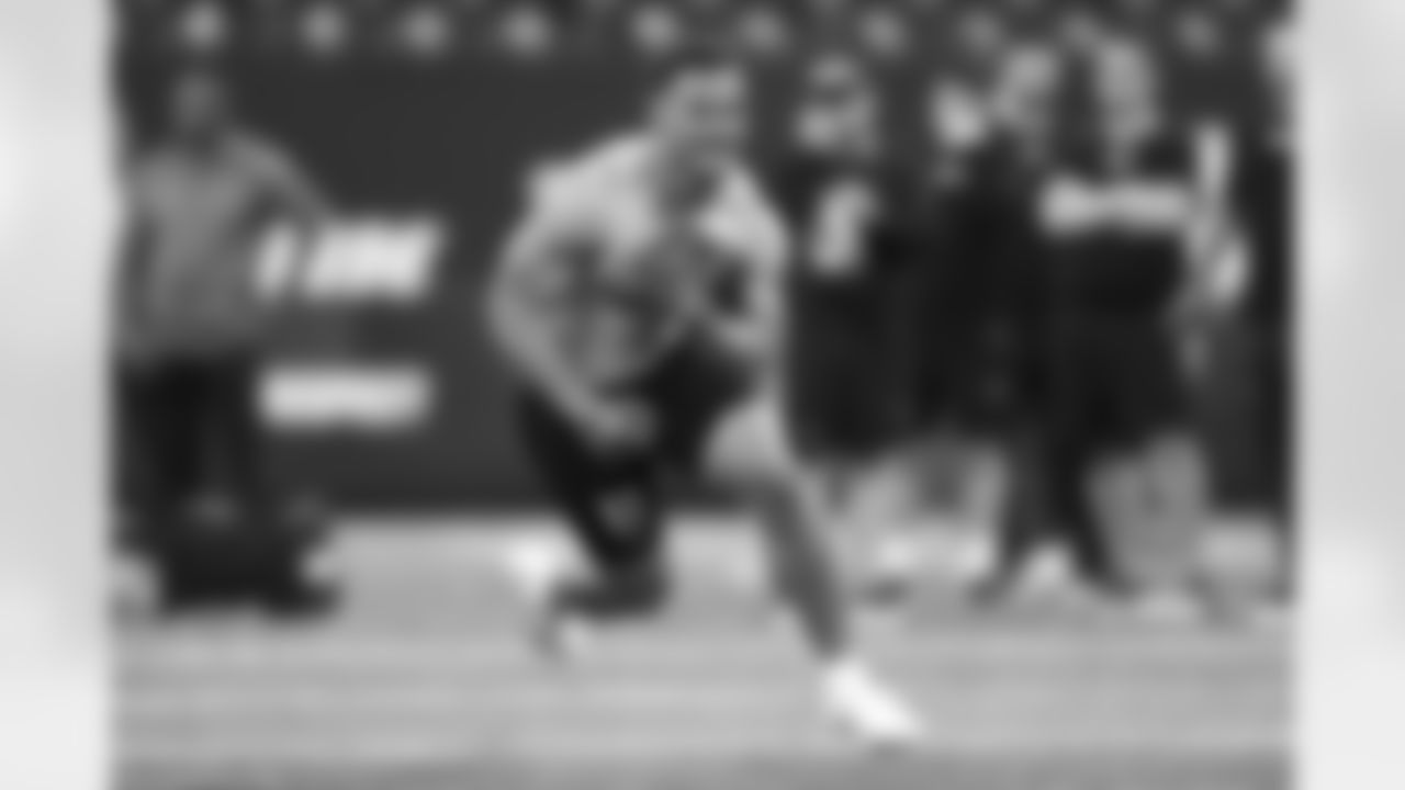 Boise State running back George Holani participates in a drill during the 2024 NFL Scouting Combine on Saturday, March 2, 2024 in Indianapolis, Indiana. (Kevin Sabitus/NFL)