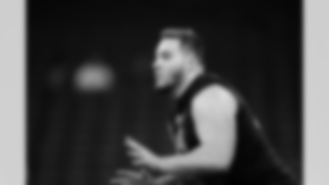 Iowa offensive lineman Beau Stephens (48) participates in a drill during the 2026 NFL Scouting Combine on Sunday, March 1, 2026 in Indianapolis, Indiana. (Cooper Neill/NFL)