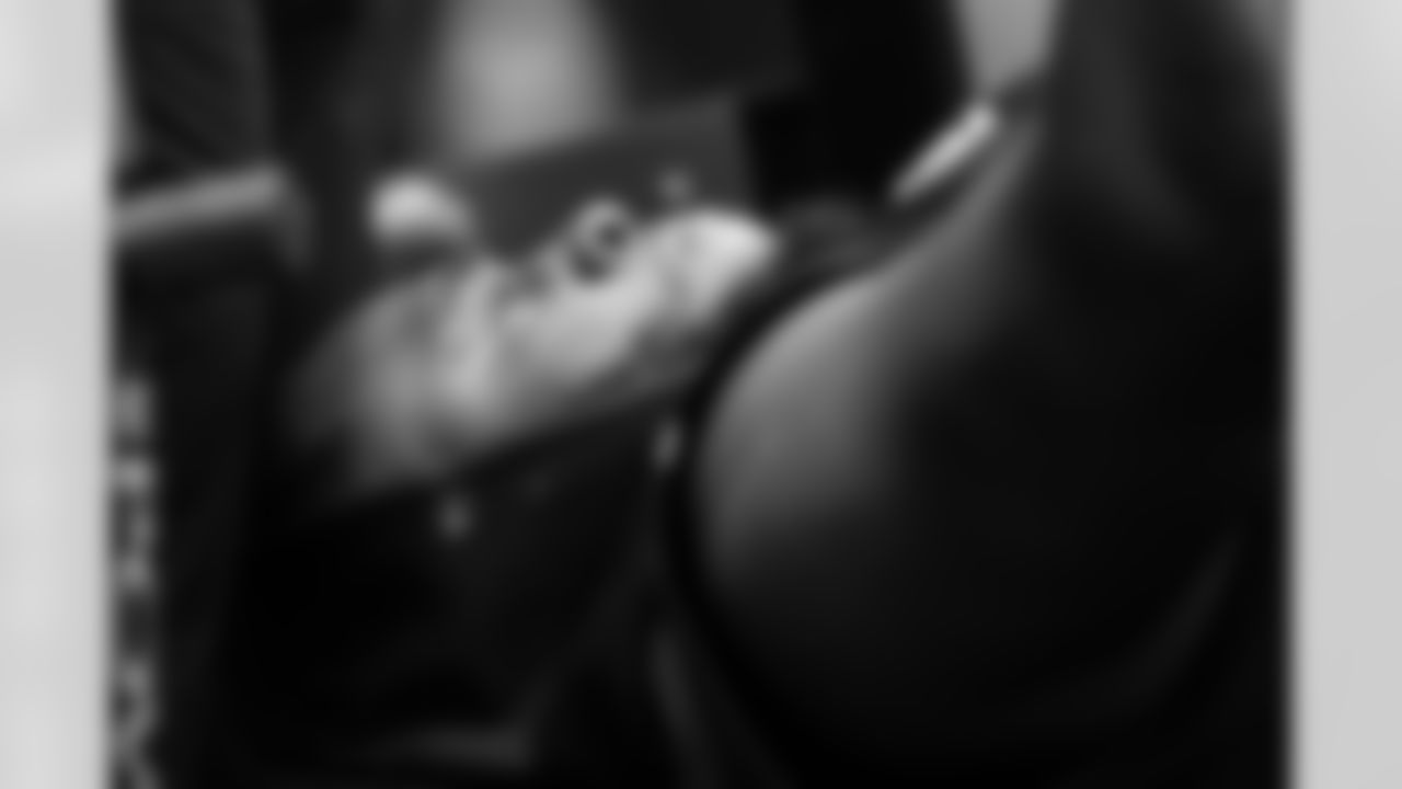 Oklahoma defensive lineman Neville Gallimore does the bench press at the NFL football scouting combine Friday, Feb. 28, 2020, in Indianapolis. (AJ Mast/AP Images for NFL)