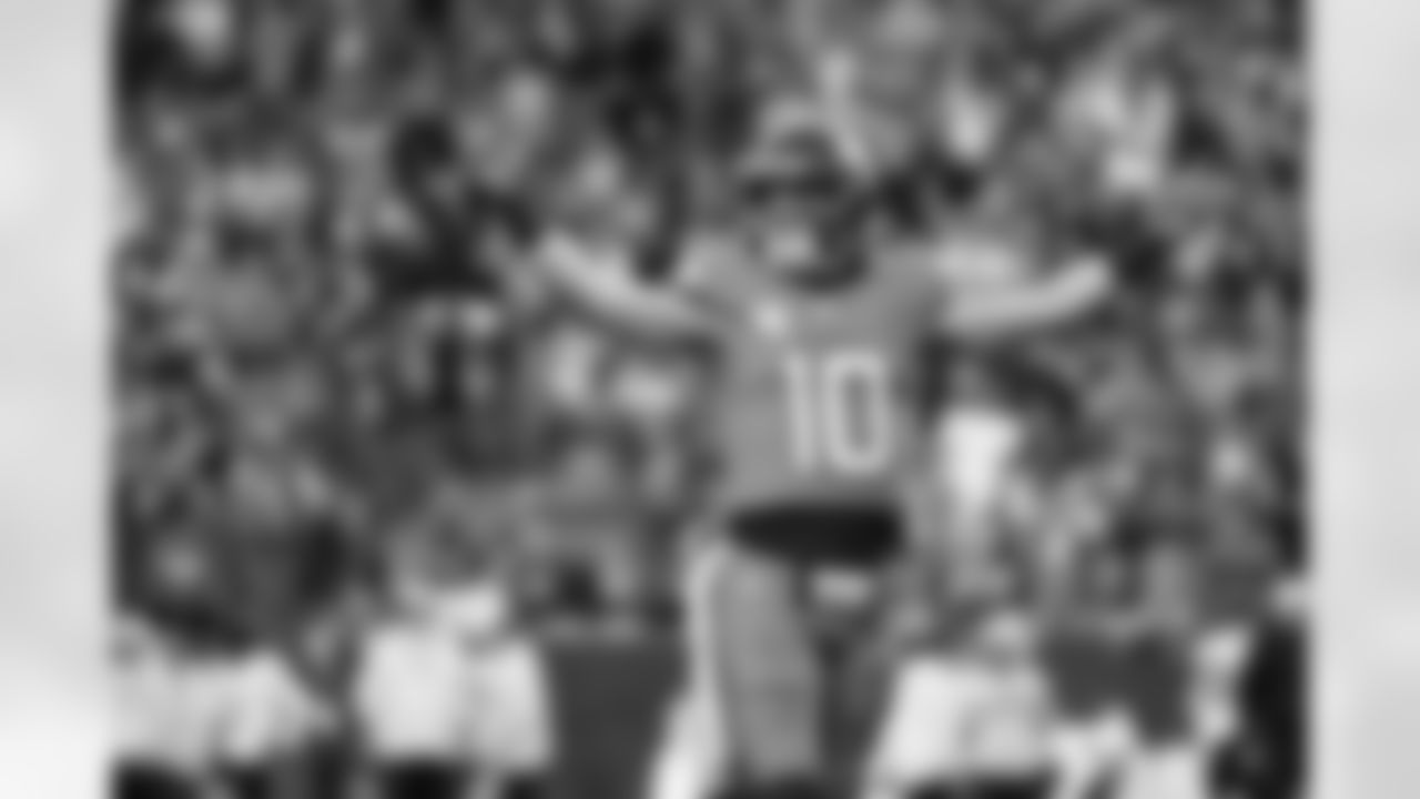 Denver Broncos quarterback Bo Nix (10) reacts after throwing a touchdown pass during an NFL football game against the Atlanta Falcons, Sunday, Nov. 17, 2024 in Denver. (Rachel O'Driscoll/Denver Broncos via AP)