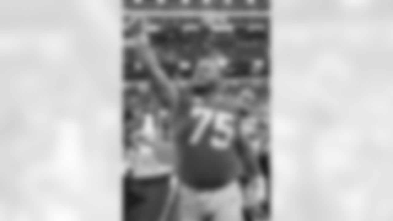 Los Angeles Chargers safety Foster Sarell (75) celebrates after an NFL game against the Tennessee Titans, Sunday, Nov. 10, 2024, in Inglewood, Calif. The Chargers defeated the Titans 27-17. (Kevin Terrell via AP)