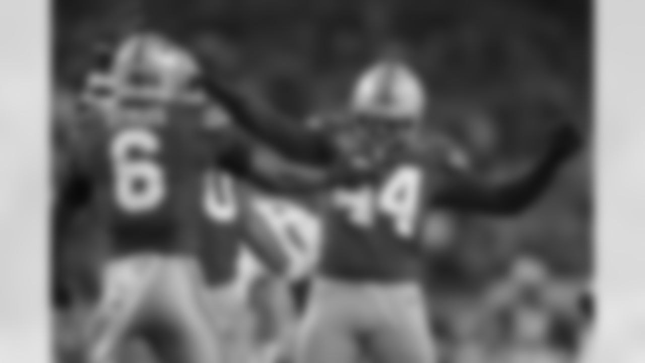 Ohio State safety Sonny Styles (6) celebrates with defensive end JT Tuimoloau (44) during the first half of the Cotton Bowl College Football Playoff semifinal game against Texas, Friday, Jan. 10, 2025, in Arlington, Texas. (AP Photo/Gareth Patterson)