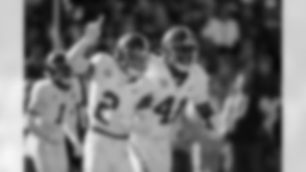 Alabama defensive back Caleb Downs (2) and linebacker Chris Braswell (41) celebrate a fumble recovery during the first half of an NCAA college football game against Kentucky in Lexington, Ky., Saturday, Nov. 11, 2023. (AP Photo/Michelle Haas Hutchins)