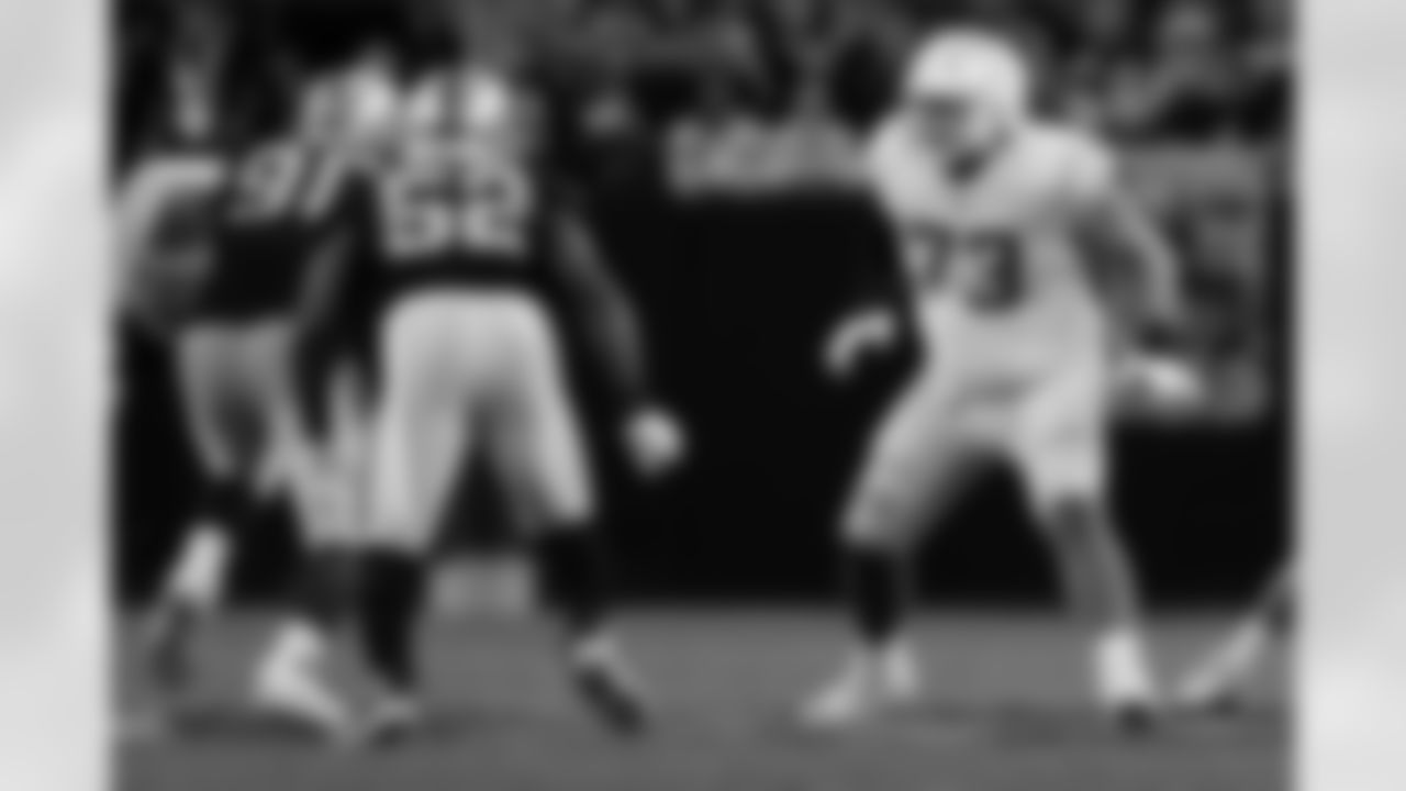 Los Angeles Chargers offensive tackle Foster Sarell (73) blocks during an NFL football game against the Las Vegas Raiders, Sunday, Dec. 4, 2022, in Las Vegas. Las Vegas won 27-20. (Aaron M. Sprecher via AP)