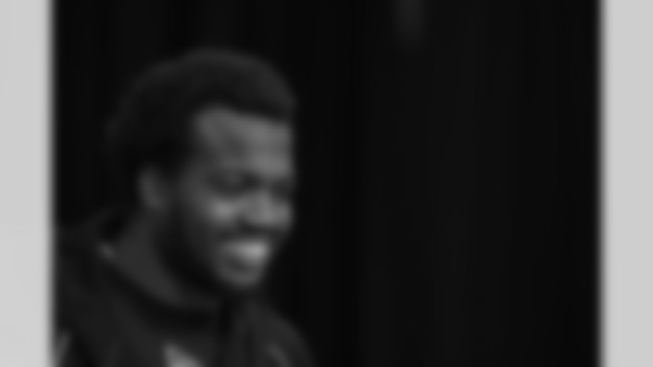 Miami defensive lineman Rueben Bain Jr. (32) speaks during a press conference at the NFL football scouting combine in Indianapolis, Wednesday, Feb. 25, 2026. (AP Photo/Michael Conroy)