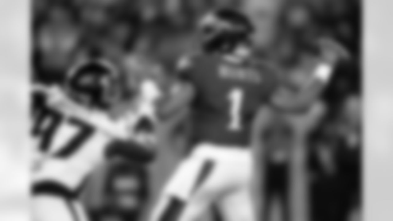 Philadelphia Eagles quarterback Jalen Hurts (1) in action during the NFL football game against the Atlanta Falcons, Monday, Sept. 16, 2024, in Philadelphia. The Falcons won 22-21. (AP Photo/Chris Szagola)