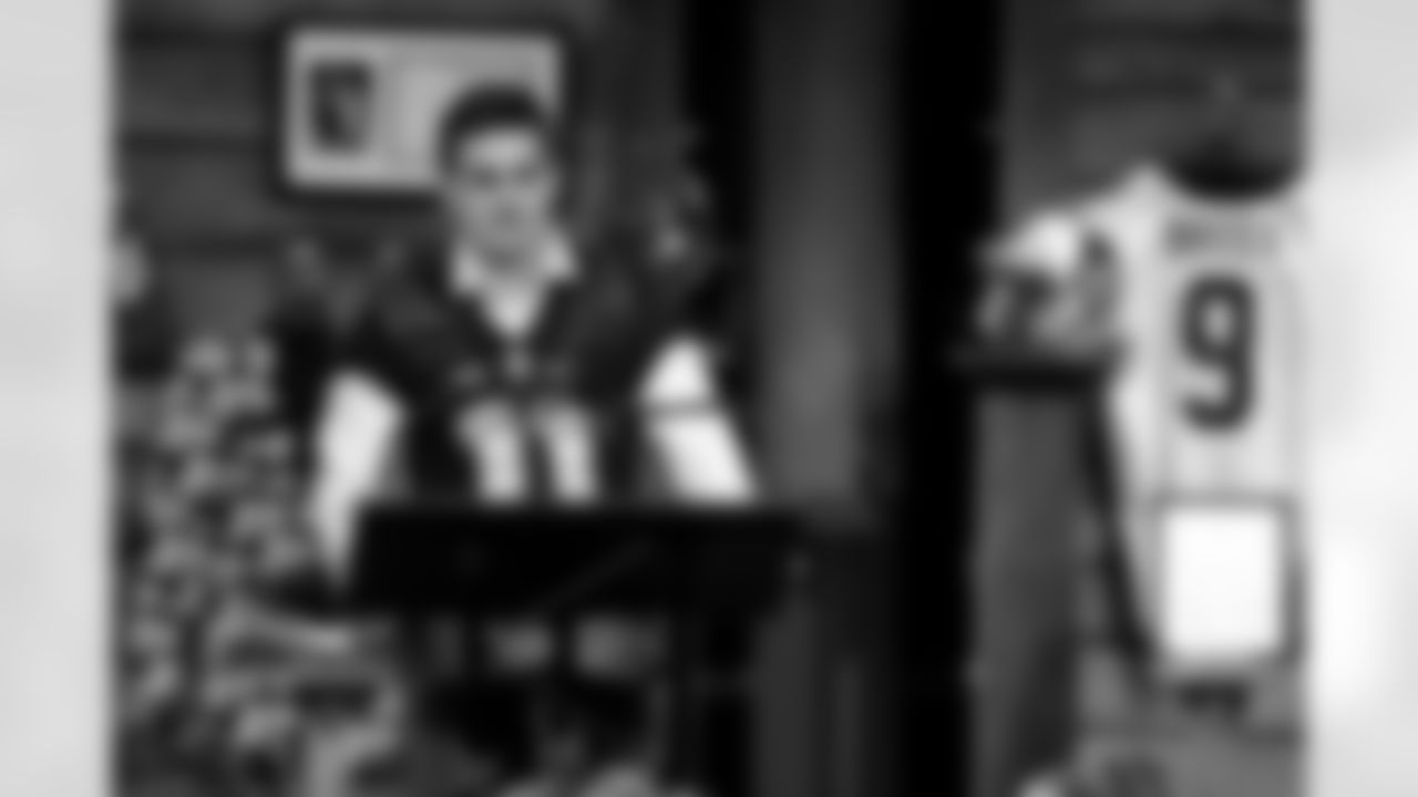 Purdue quarterback David Blough speaks during a funeral for Tyler Trent at College Park Church, Tuesday, Jan. 8, 2019, in Indianapolis. Trent, an avid Purdue fan, died on New Year's Day, following a bout with bone cancer. (AP Photo/Darron Cummings, Pool)