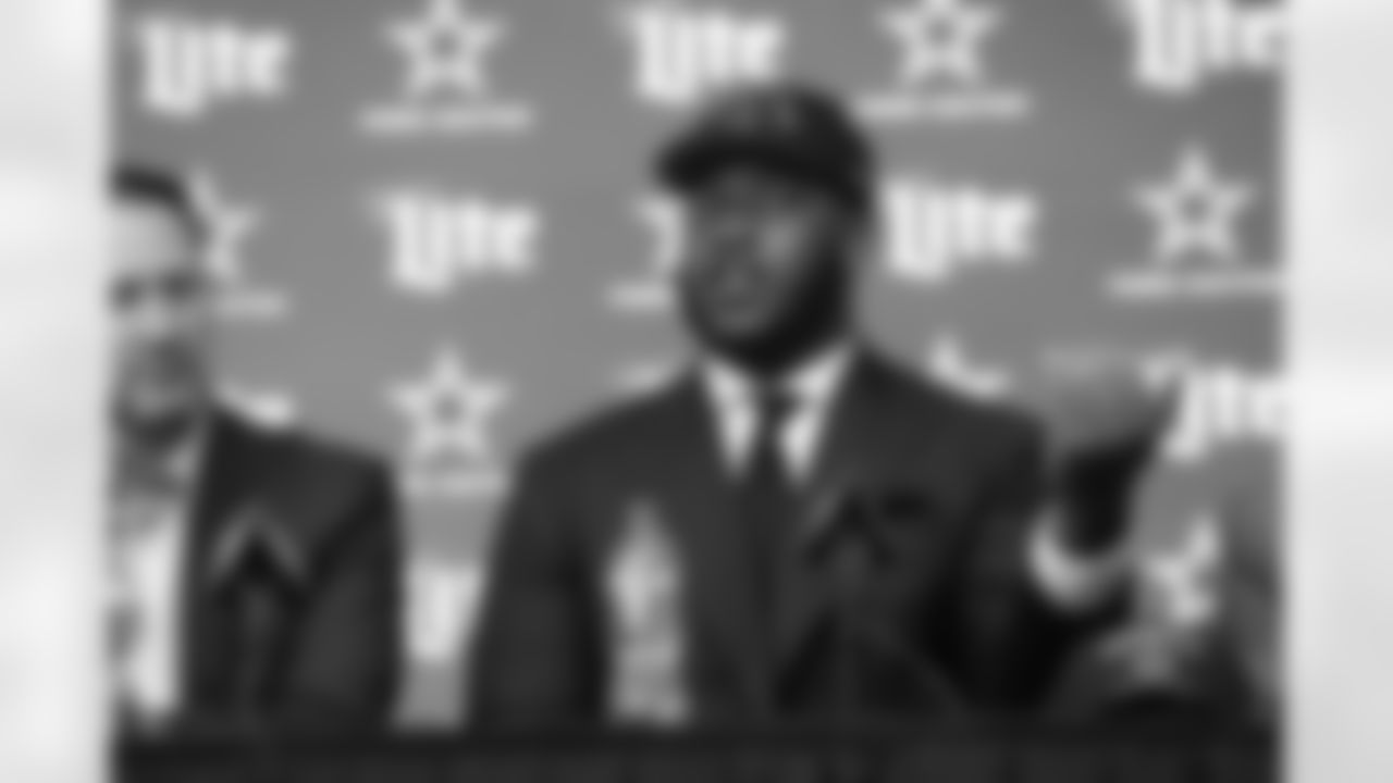 25 April 2025: Head coach Brian Schottenheimer, first round draft pick Tyler Booker, owner Jerry Jones and chief operating officer Stephen Jones of the Dallas Cowboys at a press conference at Ford Center at The Star in Frisco, Texas. Photo by James D. Smith/Dallas Cowboys