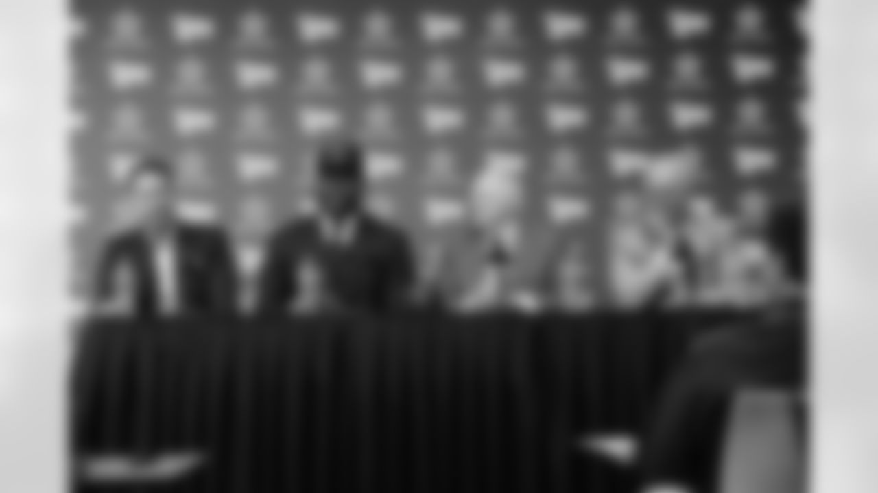 25 April 2025: Head coach Brian Schottenheimer, first round draft pick Tyler Booker, owner Jerry Jones and chief operating officer Stephen Jones of the Dallas Cowboys at a press conference at Ford Center at The Star in Frisco, Texas. Photo by James D. Smith/Dallas Cowboys