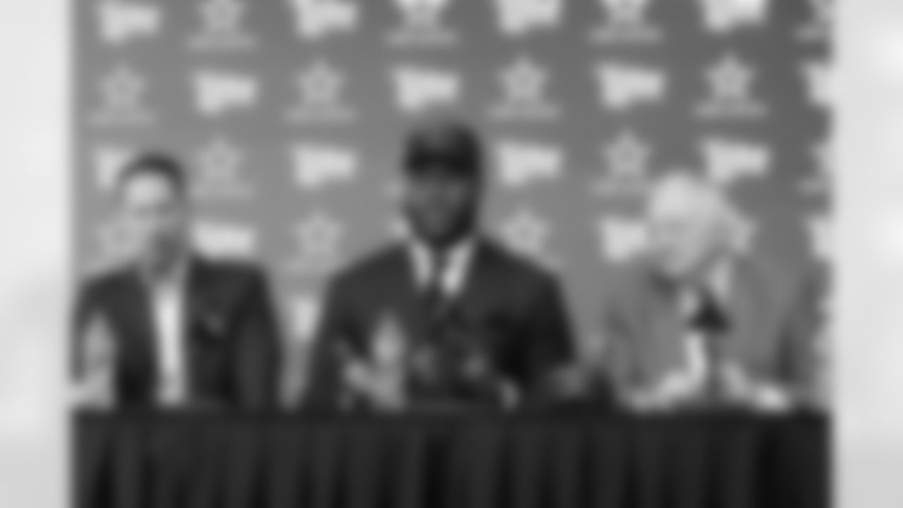 25 April 2025: Head coach Brian Schottenheimer, first round draft pick Tyler Booker, owner Jerry Jones and chief operating officer Stephen Jones of the Dallas Cowboys at a press conference at Ford Center at The Star in Frisco, Texas. Photo by James D. Smith/Dallas Cowboys