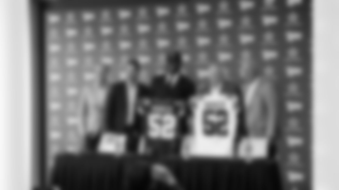 25 April 2025: Head coach Brian Schottenheimer, first round draft pick Tyler Booker, owner Jerry Jones and chief operating officer Stephen Jones of the Dallas Cowboys at a press conference at Ford Center at The Star in Frisco, Texas. Photo by James D. Smith/Dallas Cowboys