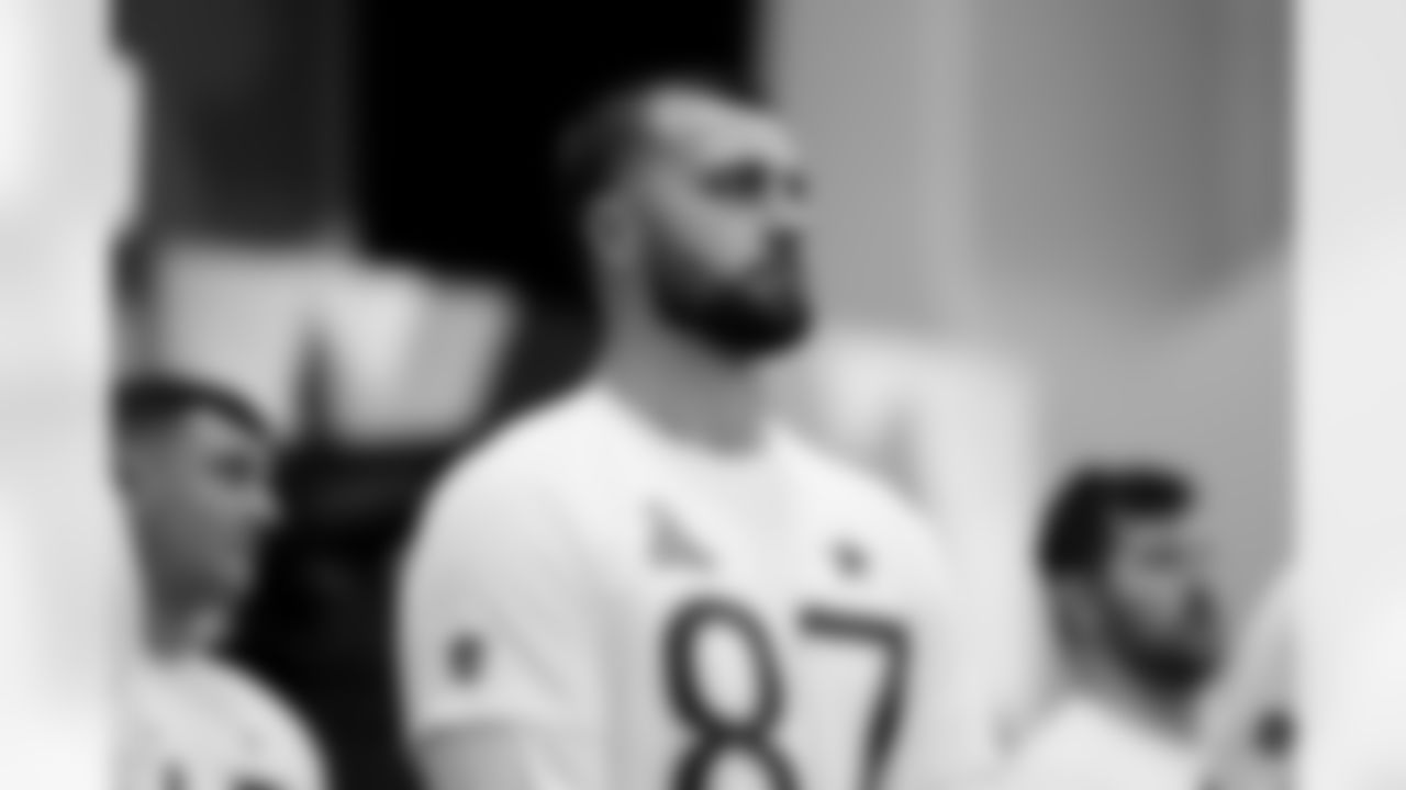 Dallas Cowboys tight end Jake Ferguson (87) stands for the national anthem before the 2026 Pro Bowl Game on Tuesday, February 3, 2026 in San Francisco, California. (Kara Durrette/NFL)