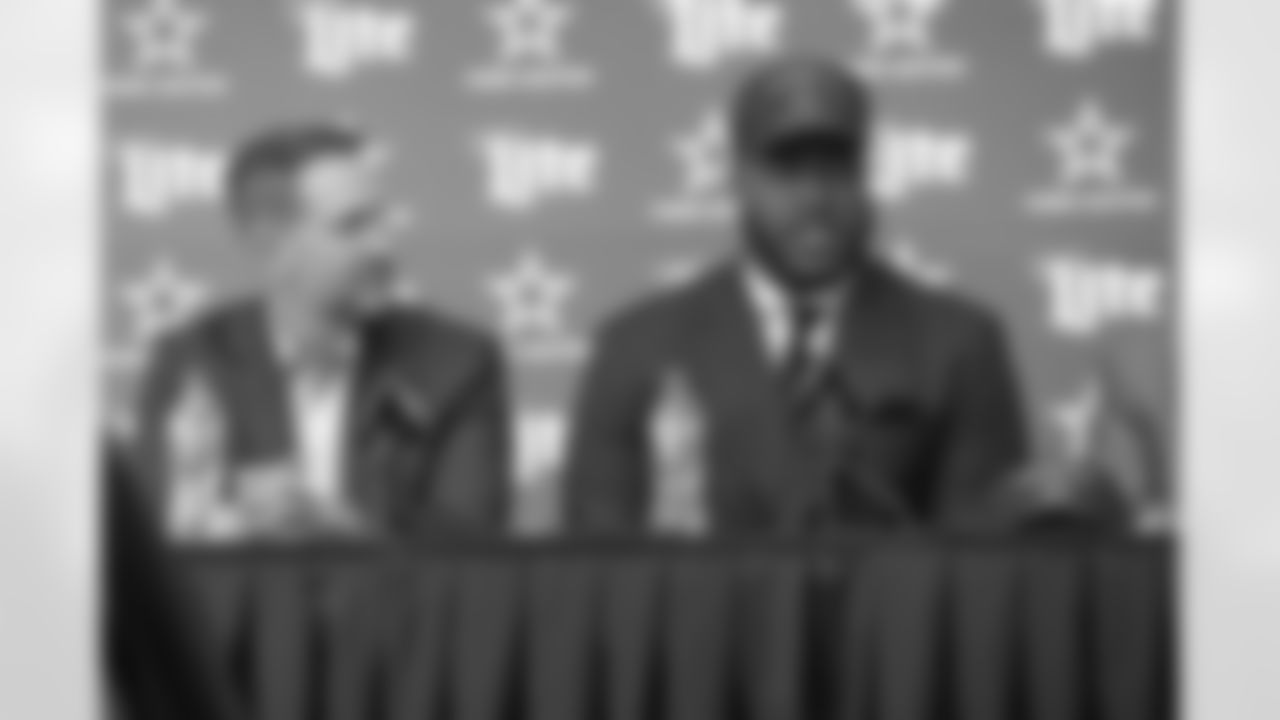 25 April 2025: Head coach Brian Schottenheimer, first round draft pick Tyler Booker, owner Jerry Jones and chief operating officer Stephen Jones of the Dallas Cowboys at a press conference at Ford Center at The Star in Frisco, Texas. Photo by James D. Smith/Dallas Cowboys