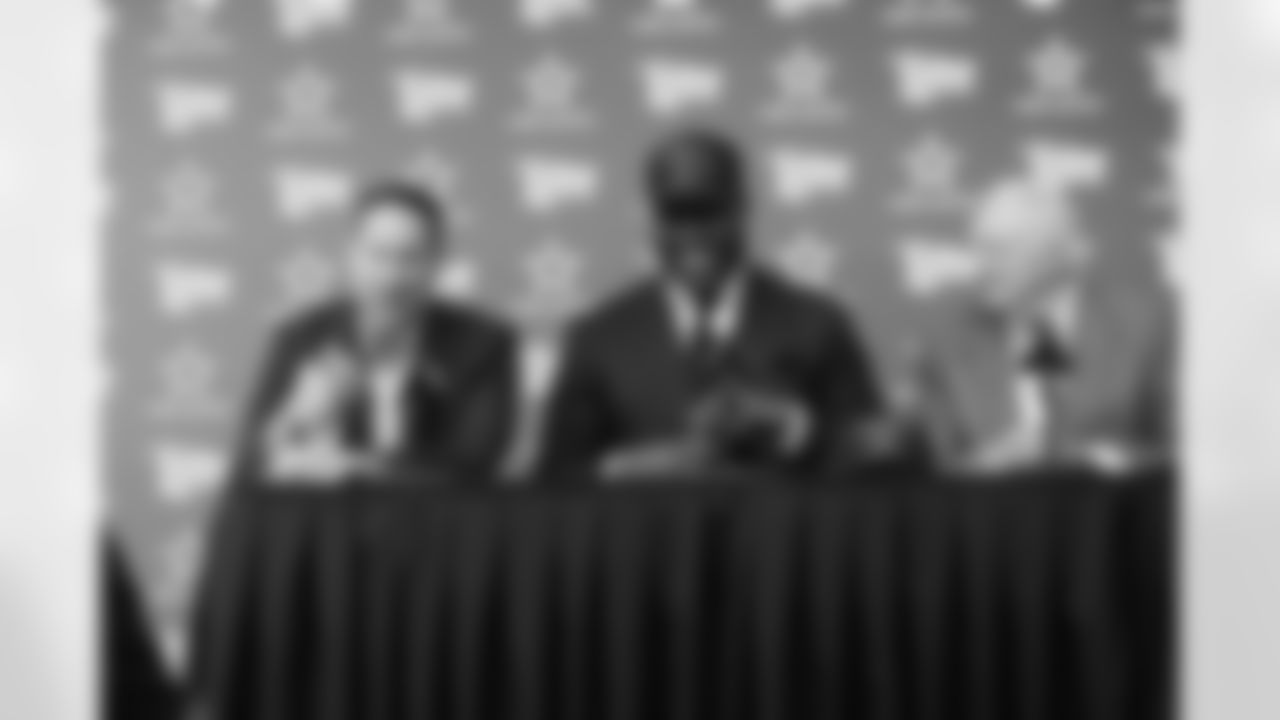 25 April 2025: Head coach Brian Schottenheimer, first round draft pick Tyler Booker, owner Jerry Jones and chief operating officer Stephen Jones of the Dallas Cowboys at a press conference at Ford Center at The Star in Frisco, Texas. Photo by James D. Smith/Dallas Cowboys
