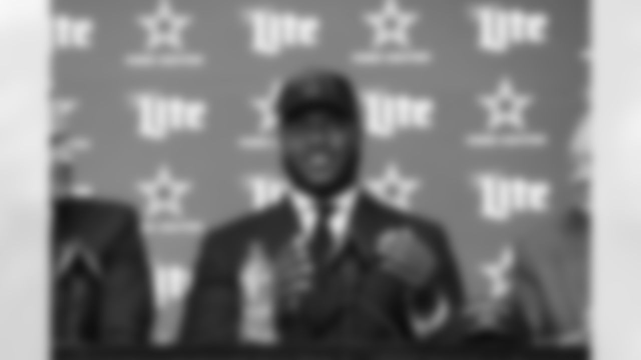 25 April 2025: Head coach Brian Schottenheimer, first round draft pick Tyler Booker, owner Jerry Jones and chief operating officer Stephen Jones of the Dallas Cowboys at a press conference at Ford Center at The Star in Frisco, Texas. Photo by James D. Smith/Dallas Cowboys